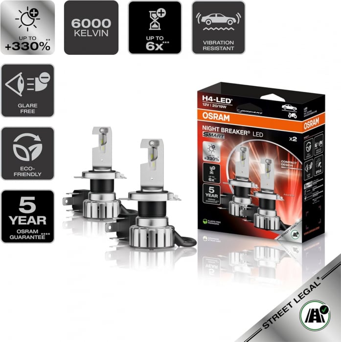 Set 2 H4 Osram Night Breaker Smart LED omologare RAR Street Legal +330%